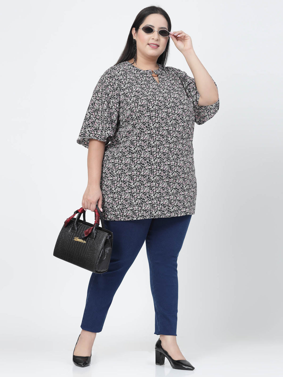 Plus Size Floral Printed Flared Sleeves Top