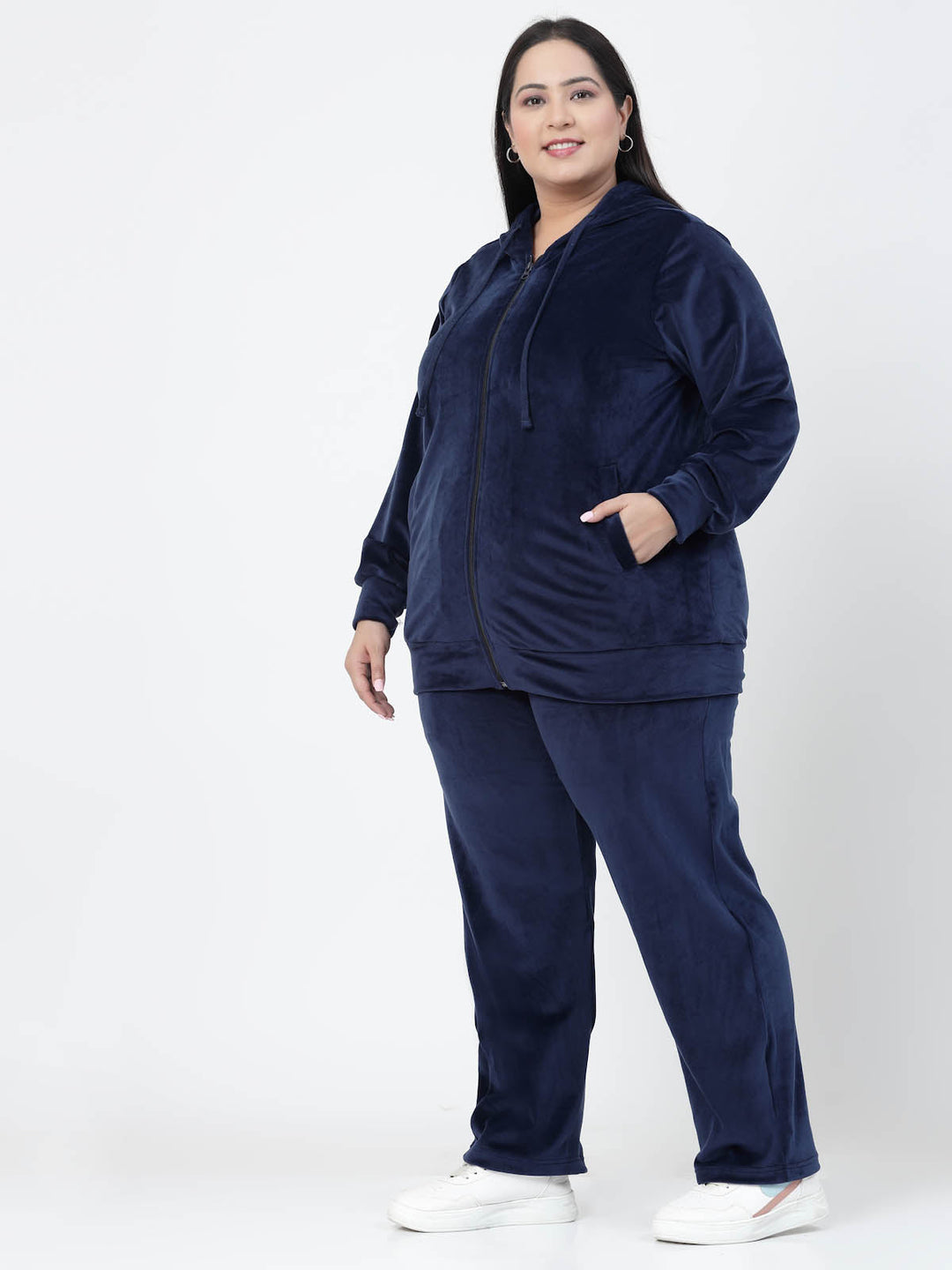 Plus Size  Navy Blue Hooded Mid Rise Velour Tracksuits
