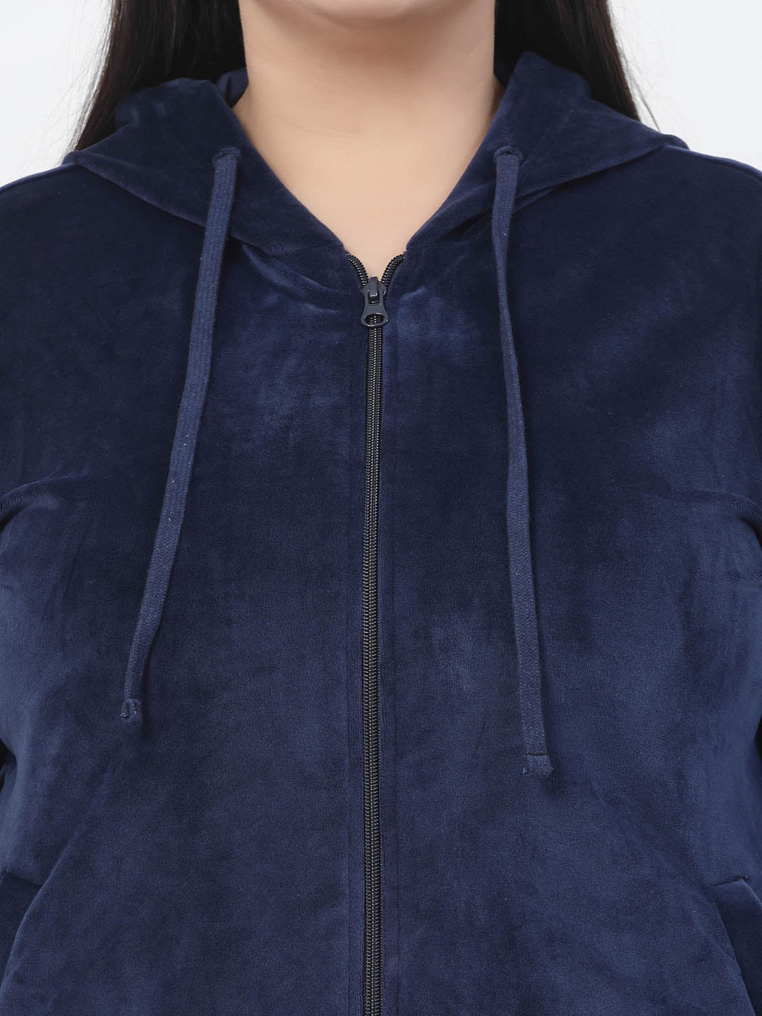 Plus Size  Navy Blue Hooded Mid Rise Velour Tracksuits