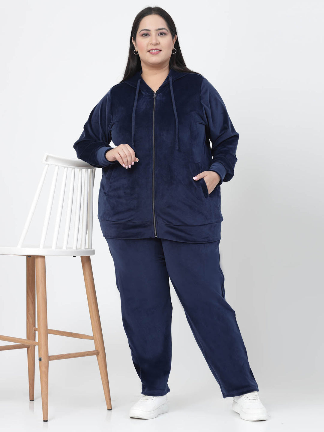 Plus Size  Navy Blue Hooded Mid Rise Velour Tracksuits