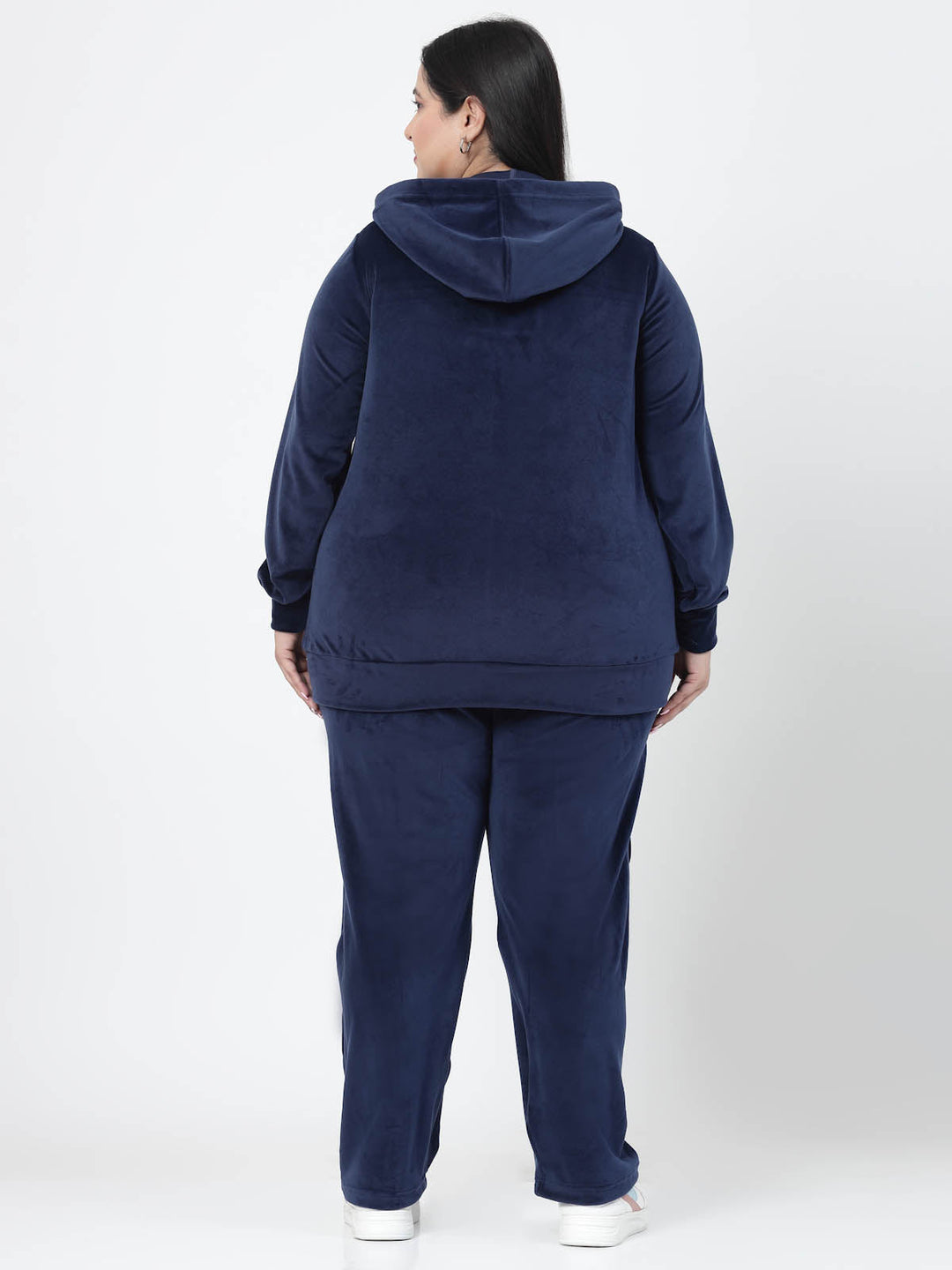 Plus Size  Navy Blue Hooded Mid Rise Velour Tracksuits