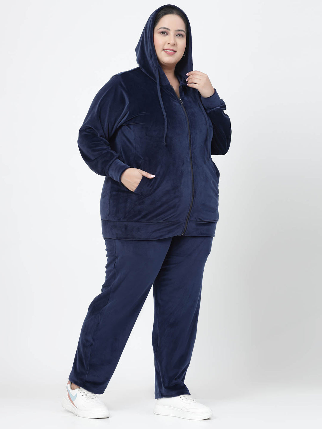 Plus Size  Navy Blue Hooded Mid Rise Velour Tracksuits