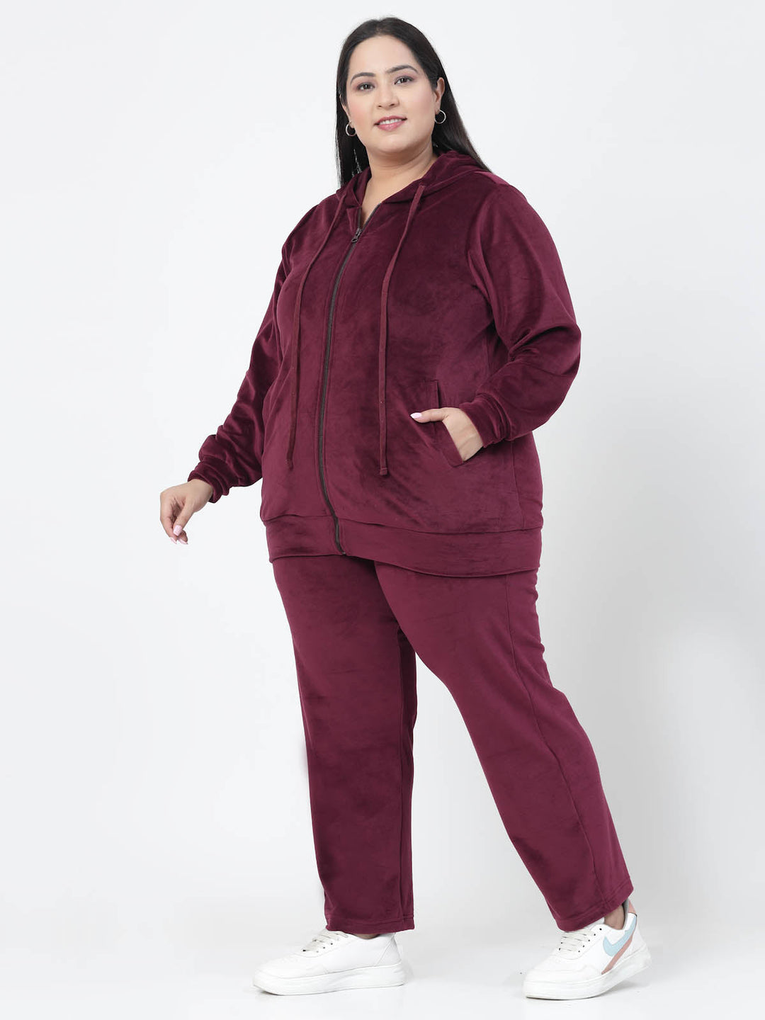 Plus Size Women Hooded Neck Velour Tracksuit