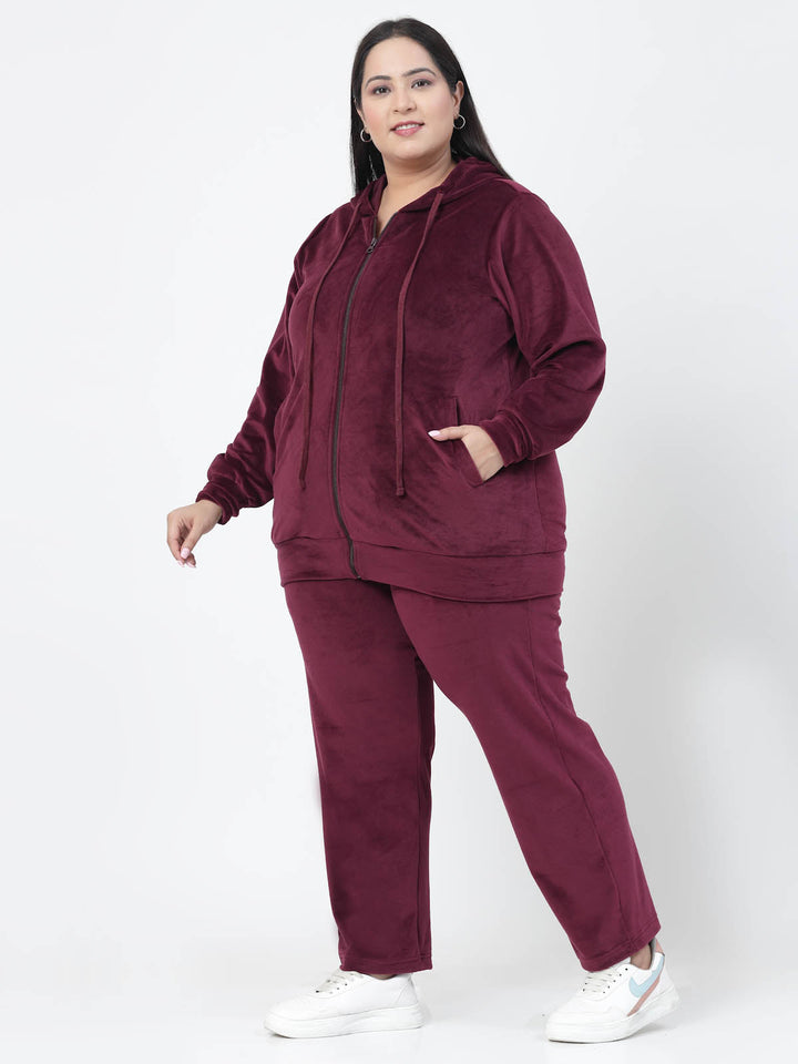 Plus Size Women Hooded Neck Velour Tracksuit