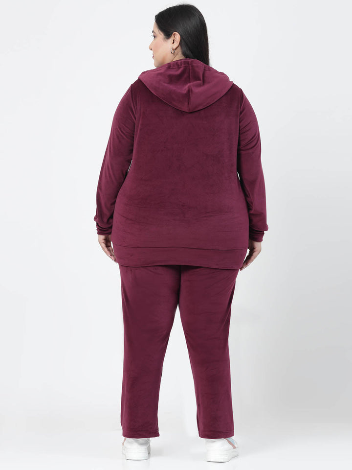 Plus Size Women Hooded Neck Velour Tracksuit