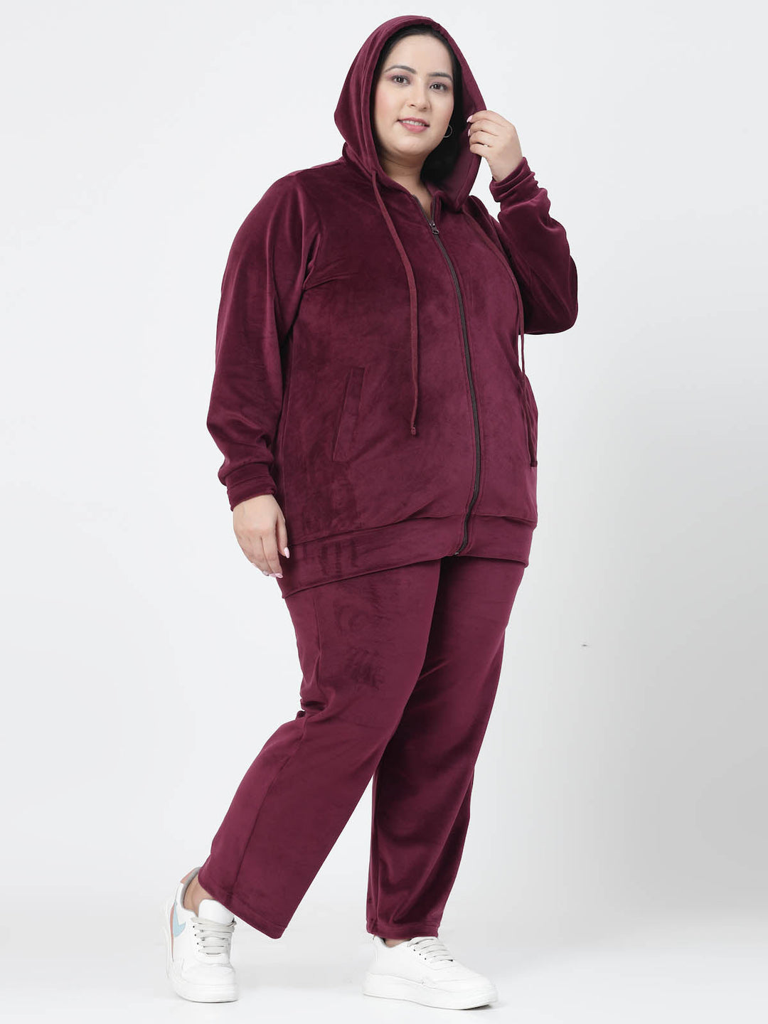 Plus Size Women Hooded Neck Velour Tracksuit