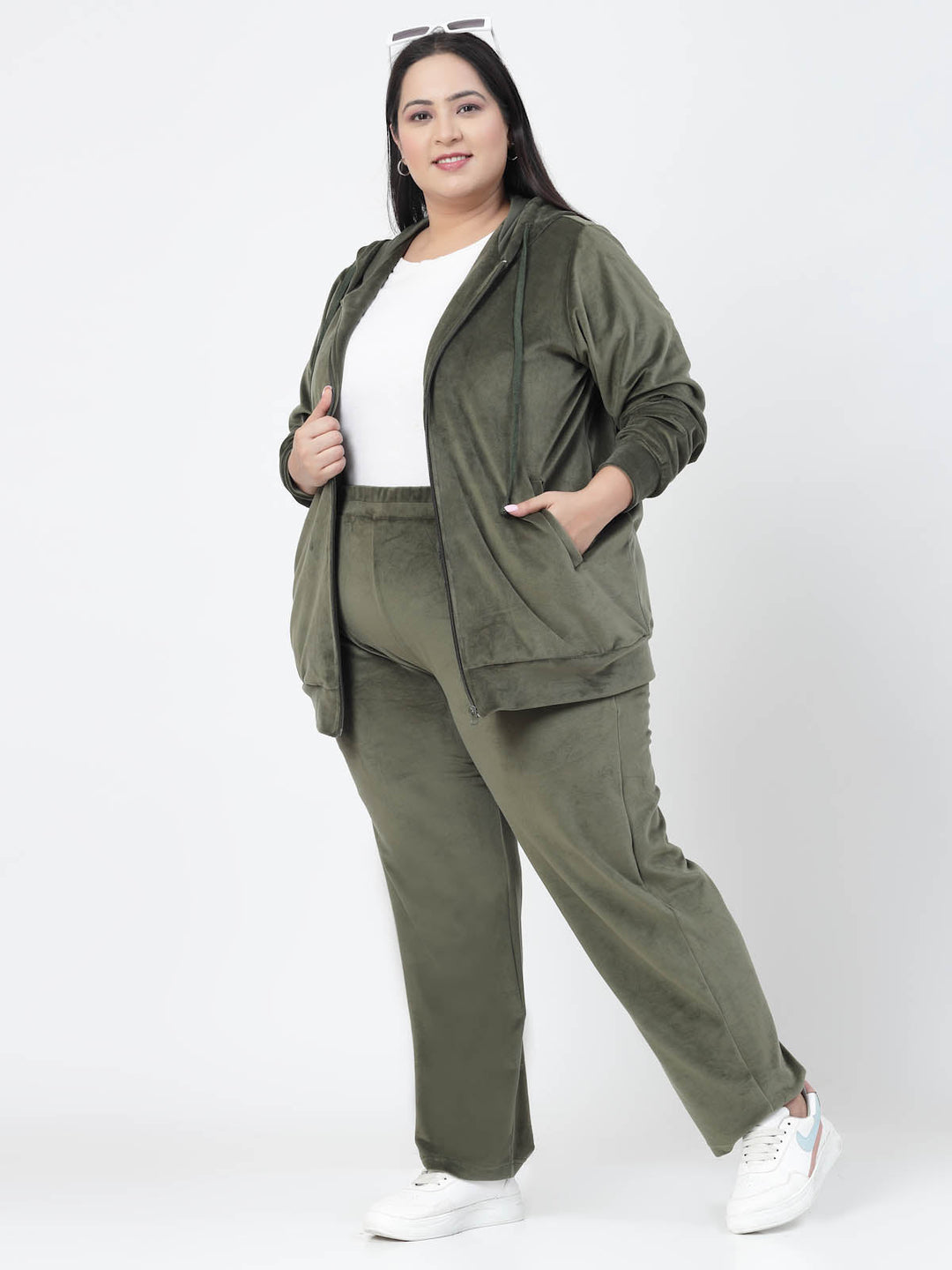 Plus Size Hooded Front Open Velvet Tracksuit