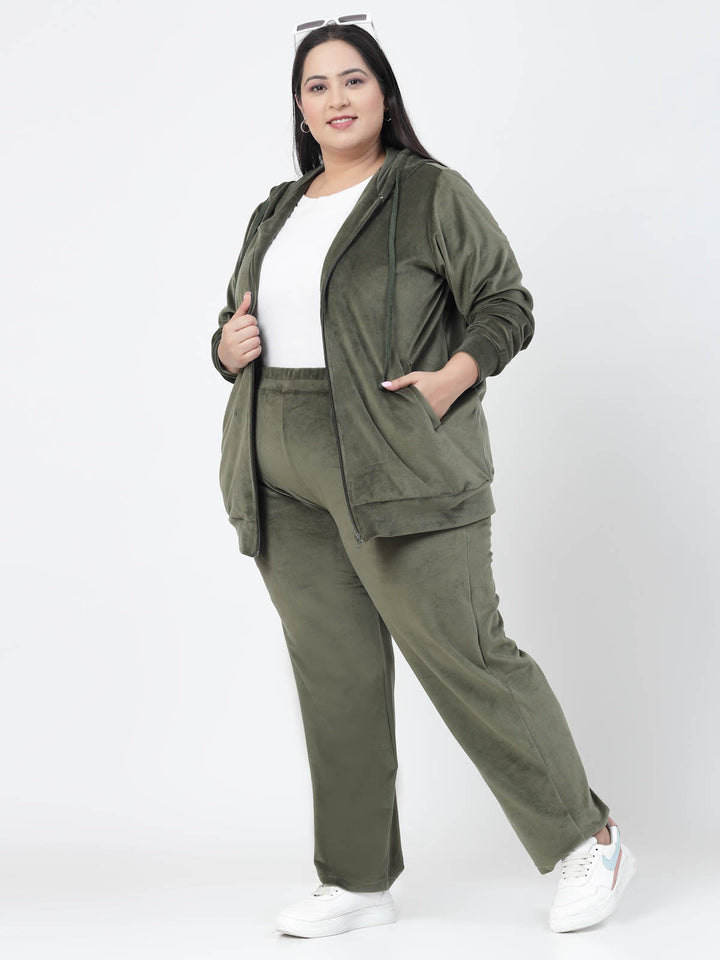 Plus Size Hooded Front Open Velvet Tracksuit