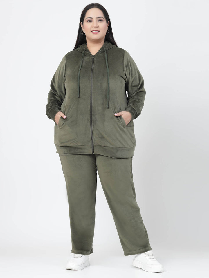 Plus Size Hooded Front Open Velvet Tracksuit
