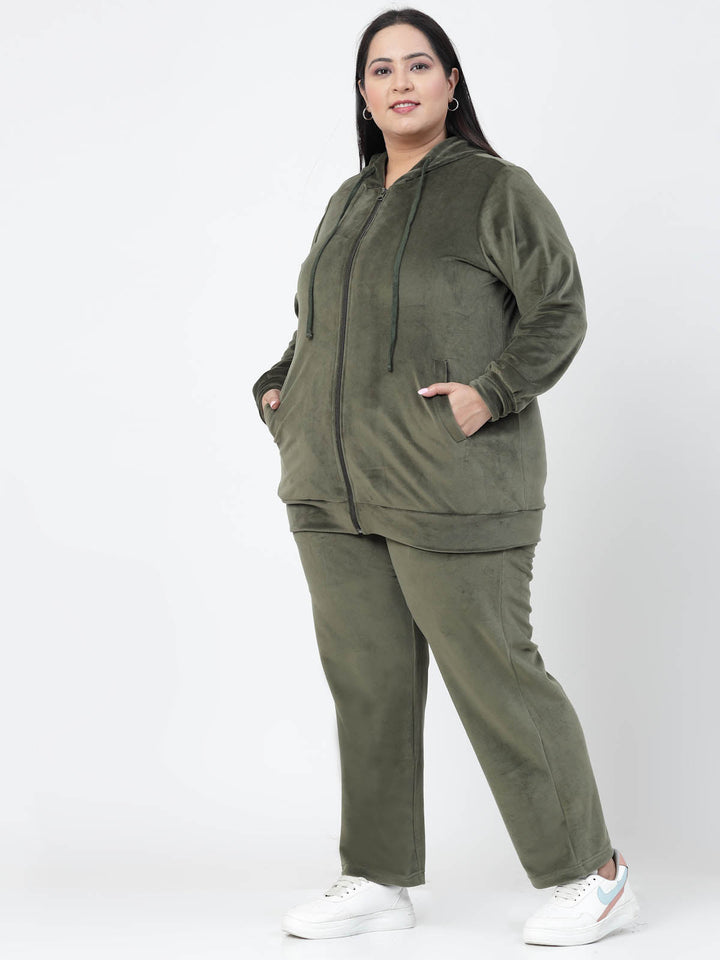 Plus Size Hooded Front Open Velvet Tracksuit