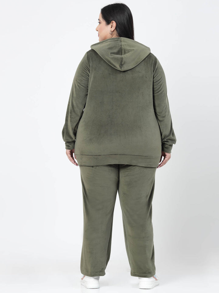 Plus Size Hooded Front Open Velvet Tracksuit