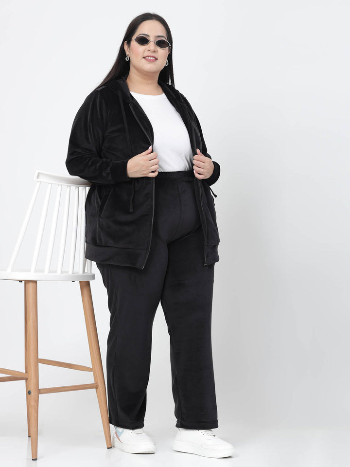 Plus Size Women Hooded Neck Velour Tracksuit