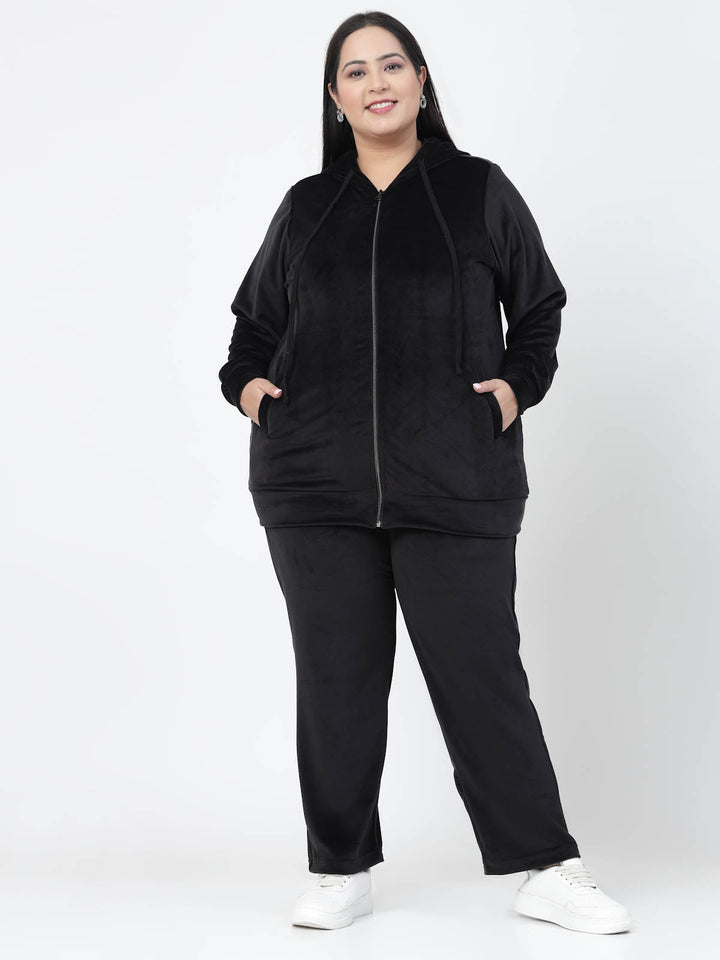 Plus Size Women Hooded Neck Velour Tracksuit