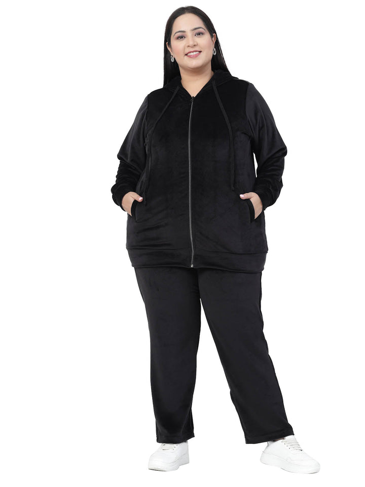 Plus Size Women Hooded Neck Velour Tracksuit