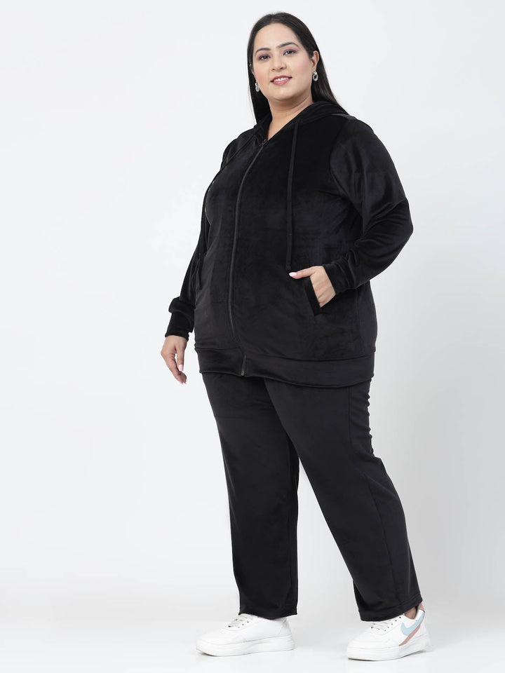 Plus Size Women Hooded Neck Velour Tracksuit