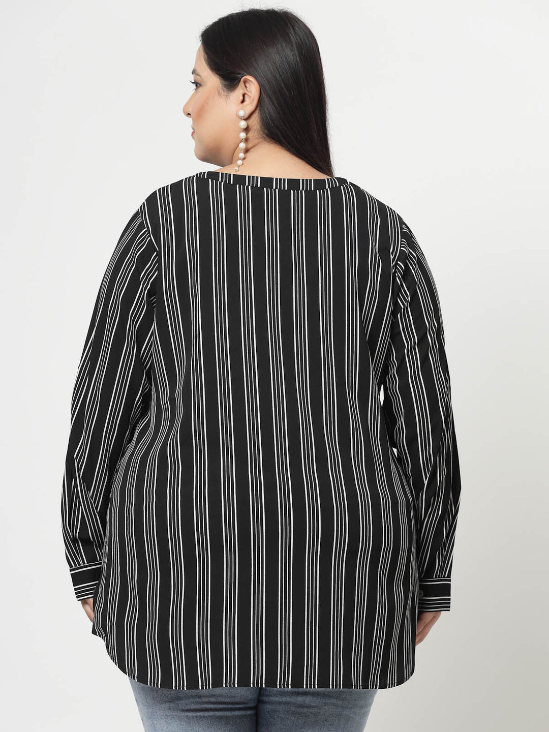 Plus Size Black  Vertical Stripes Mandarin Collar Long Sleeves Longline Tops
