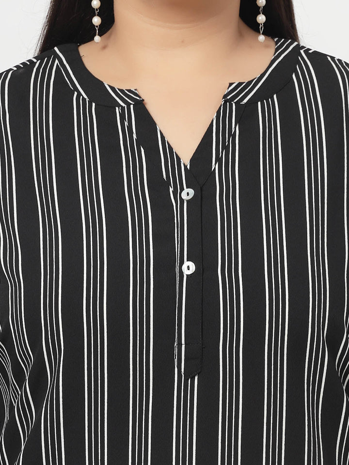 Plus Size Black  Vertical Stripes Mandarin Collar Long Sleeves Longline Tops