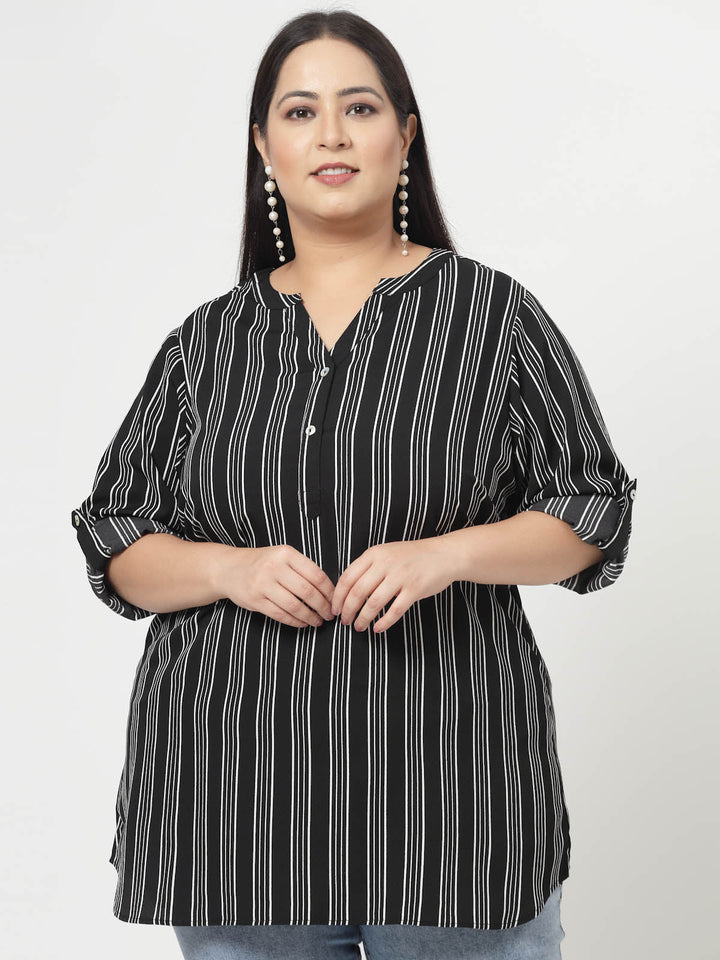 Plus Size Black  Vertical Stripes Mandarin Collar Long Sleeves Longline Tops