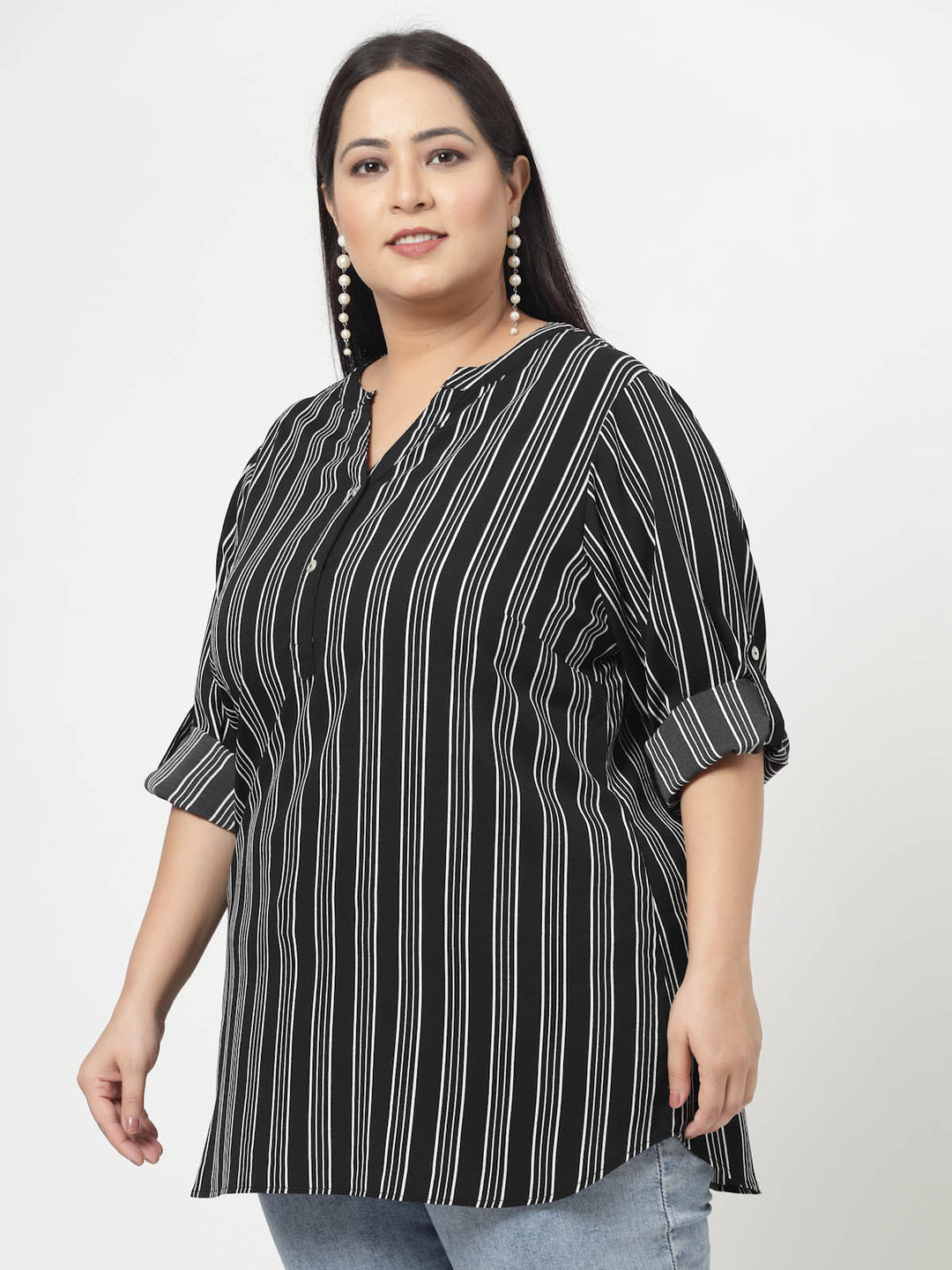 Plus Size Black  Vertical Stripes Mandarin Collar Long Sleeves Longline Tops