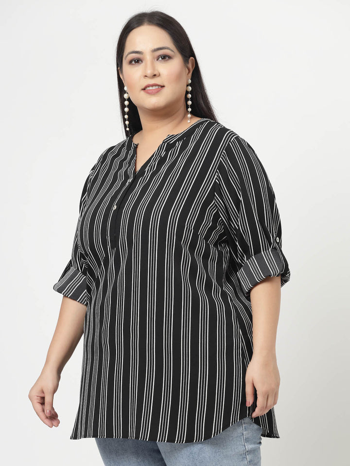 Plus Size Black  Vertical Stripes Mandarin Collar Long Sleeves Longline Tops
