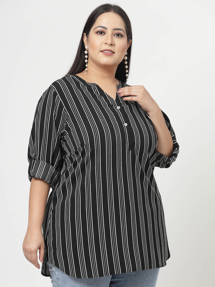 Plus Size Black  Vertical Stripes Mandarin Collar Long Sleeves Longline Tops