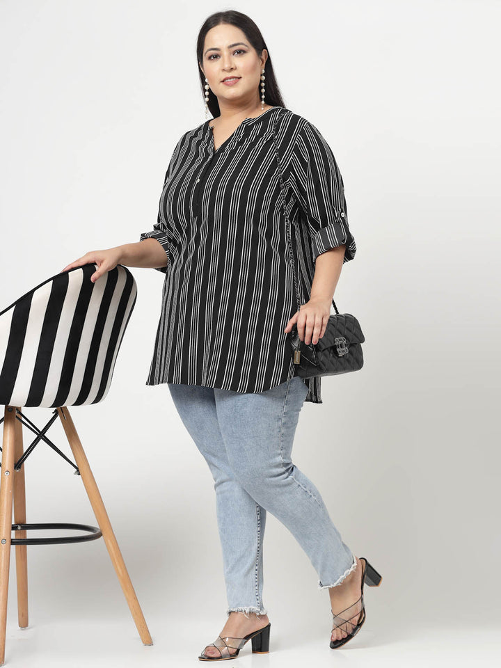 Plus Size Black  Vertical Stripes Mandarin Collar Long Sleeves Longline Tops