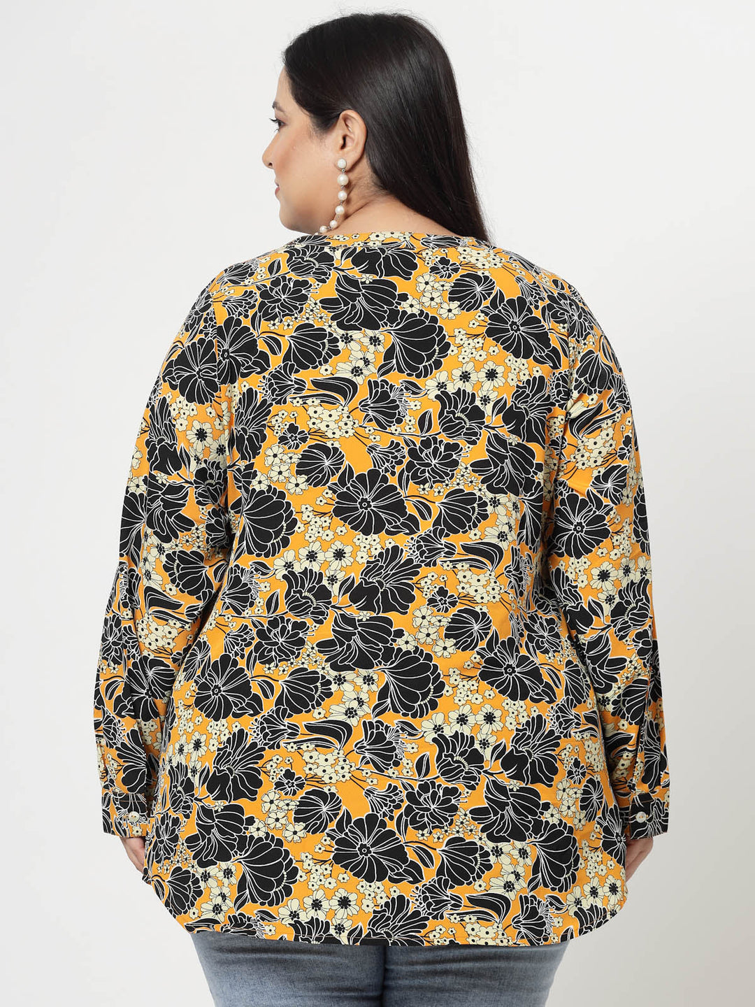 Plus Size Mustard  Floral Printed Mandarin Collar Long Sleeves Longline Tops