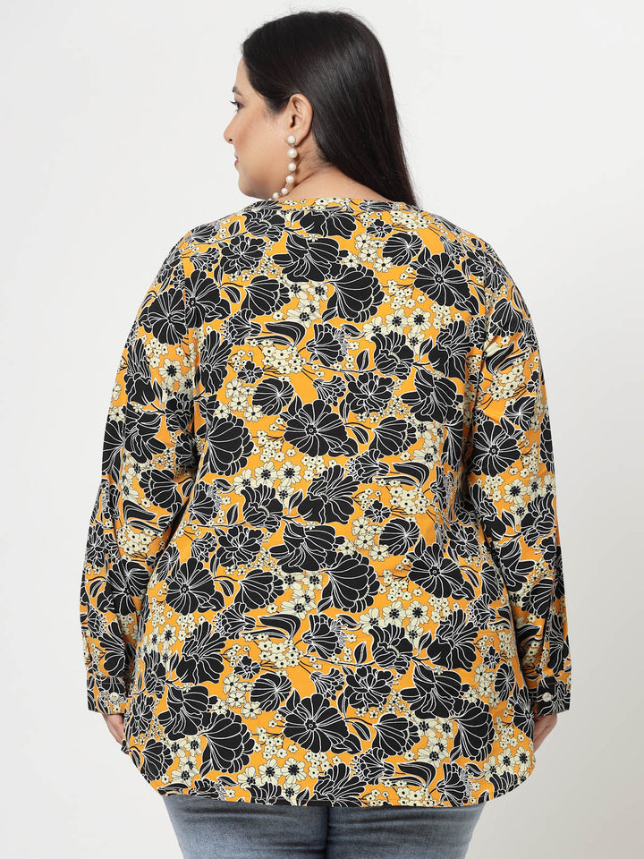 Plus Size Mustard  Floral Printed Mandarin Collar Long Sleeves Longline Tops