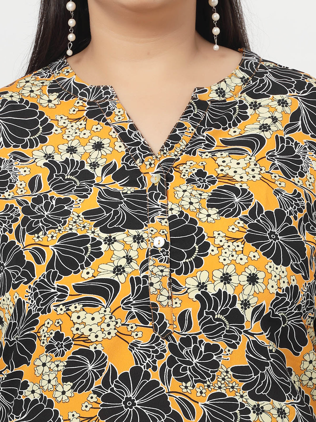 Plus Size Mustard  Floral Printed Mandarin Collar Long Sleeves Longline Tops