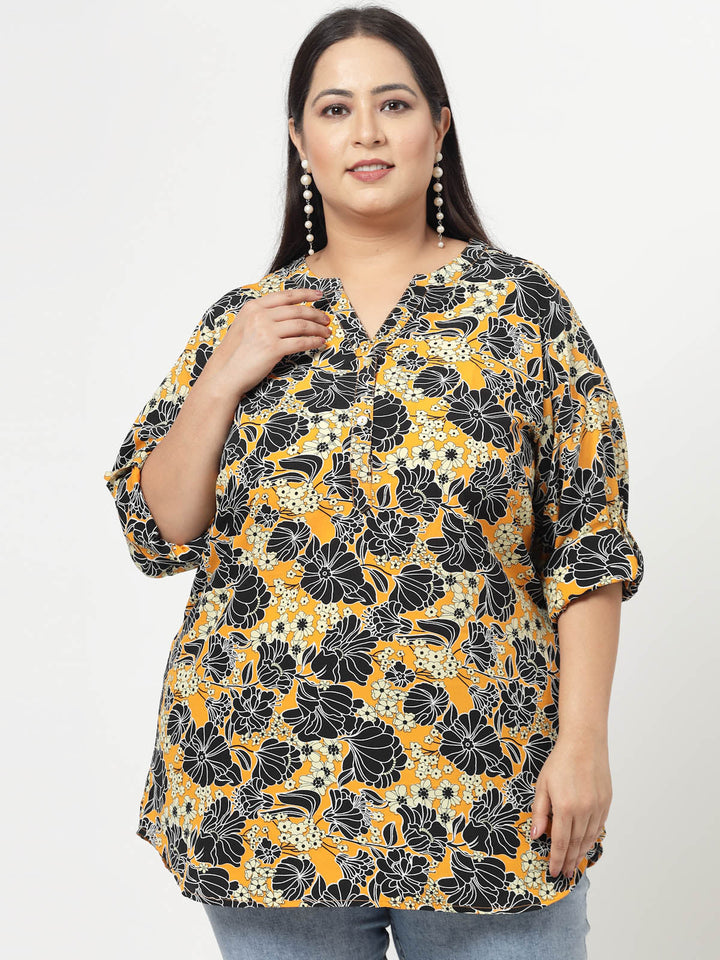 Plus Size Mustard  Floral Printed Mandarin Collar Long Sleeves Longline Tops