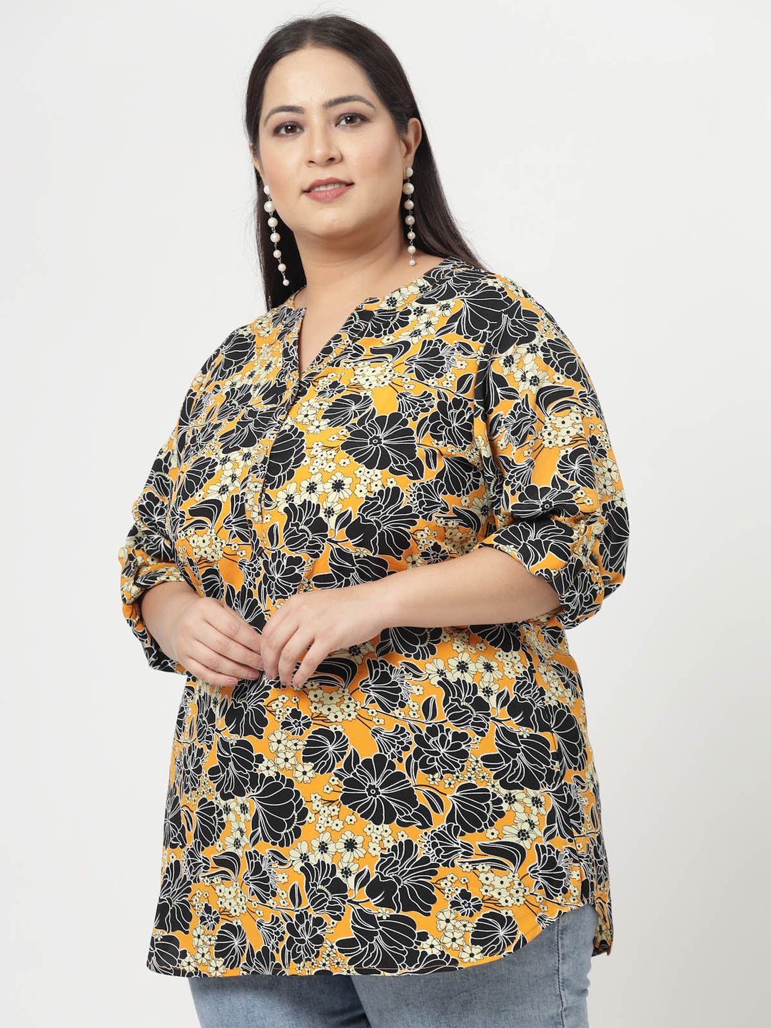 Plus Size Mustard  Floral Printed Mandarin Collar Long Sleeves Longline Tops