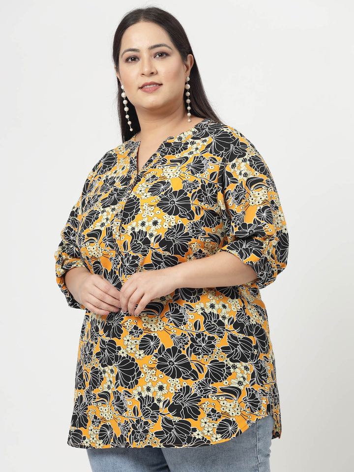 Plus Size Mustard  Floral Printed Mandarin Collar Long Sleeves Longline Tops
