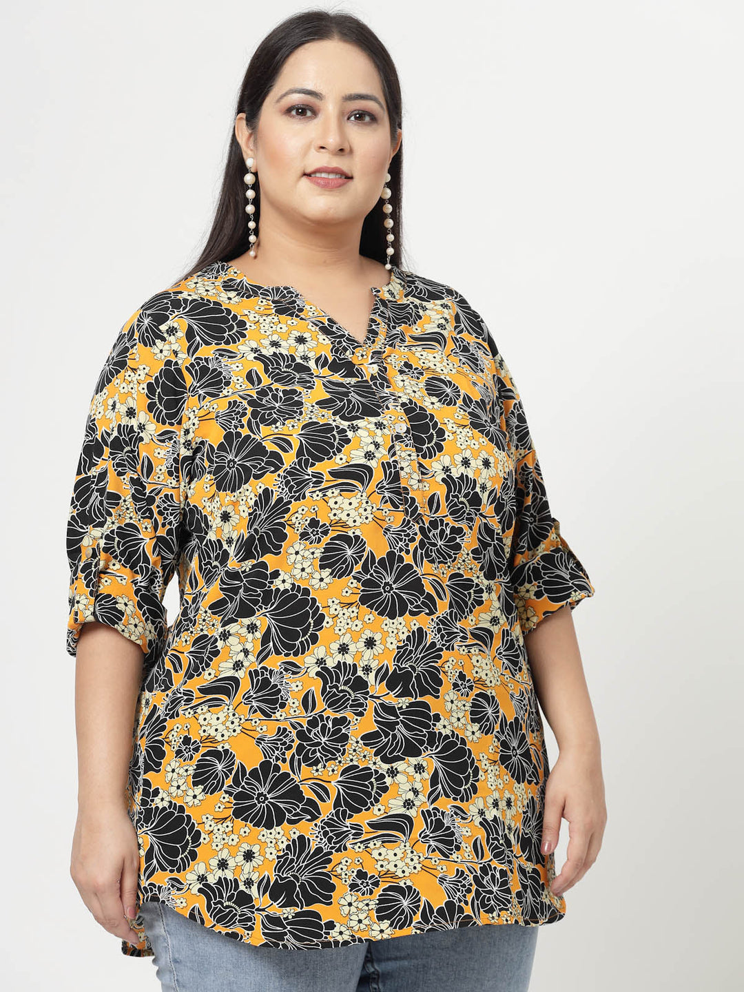 Plus Size Mustard  Floral Printed Mandarin Collar Long Sleeves Longline Tops