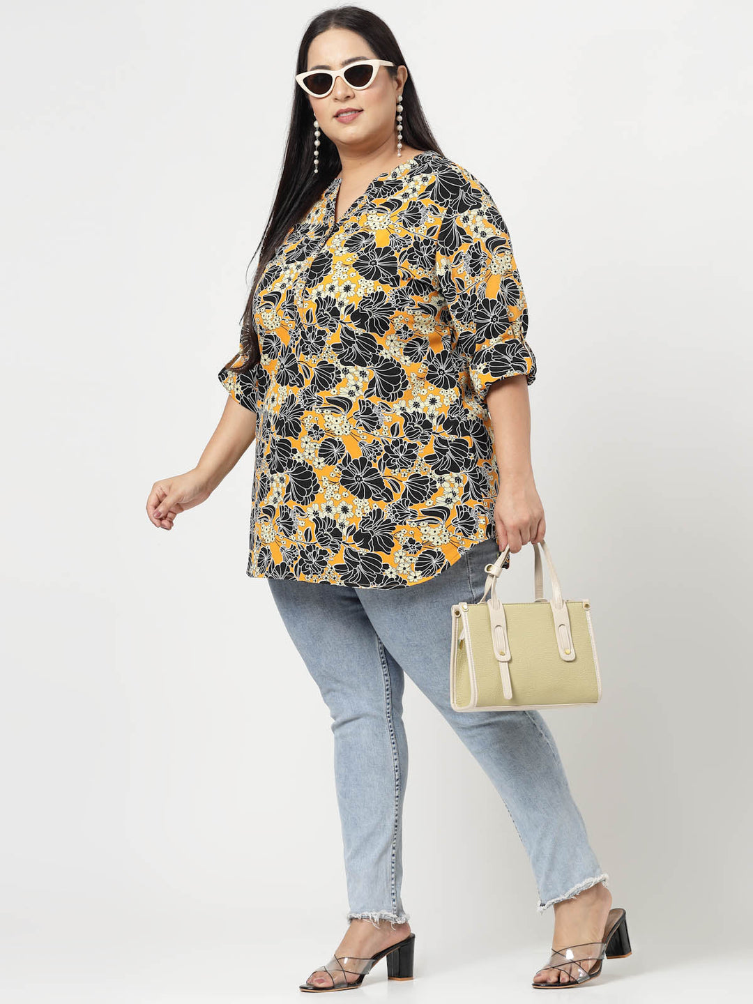 Plus Size Mustard  Floral Printed Mandarin Collar Long Sleeves Longline Tops