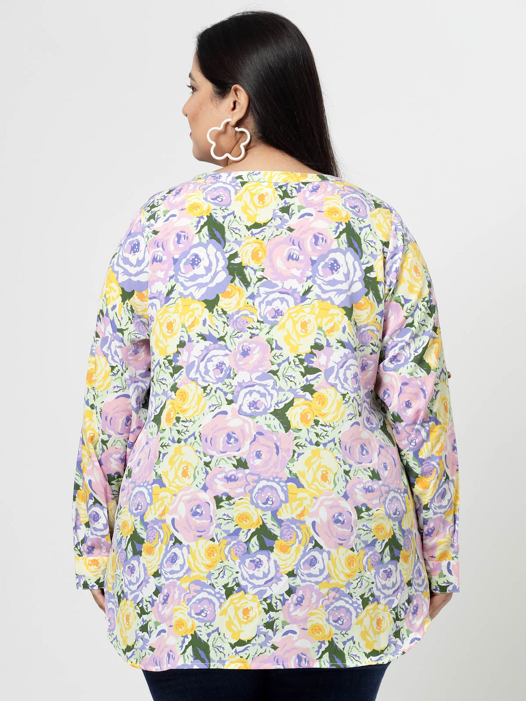 Plus Size Mustard  Floral Printed Mandarin Collar Long Sleeves Longline Tops