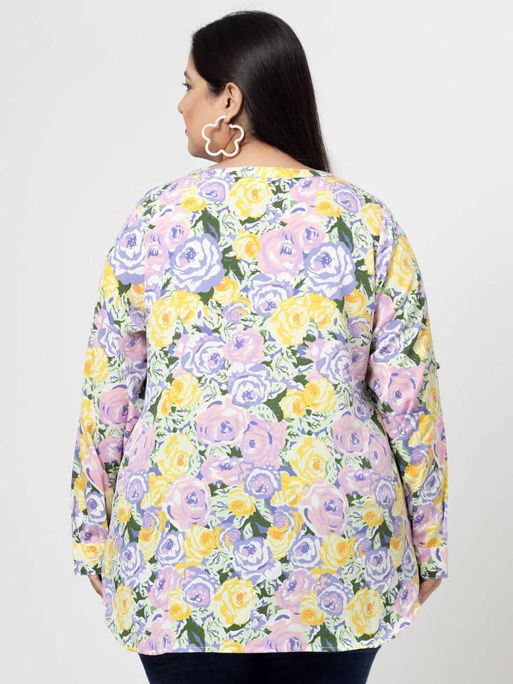 Plus Size Mustard  Floral Printed Mandarin Collar Long Sleeves Longline Tops