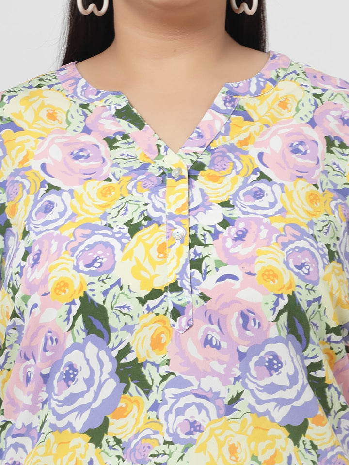 Plus Size Mustard  Floral Printed Mandarin Collar Long Sleeves Longline Tops