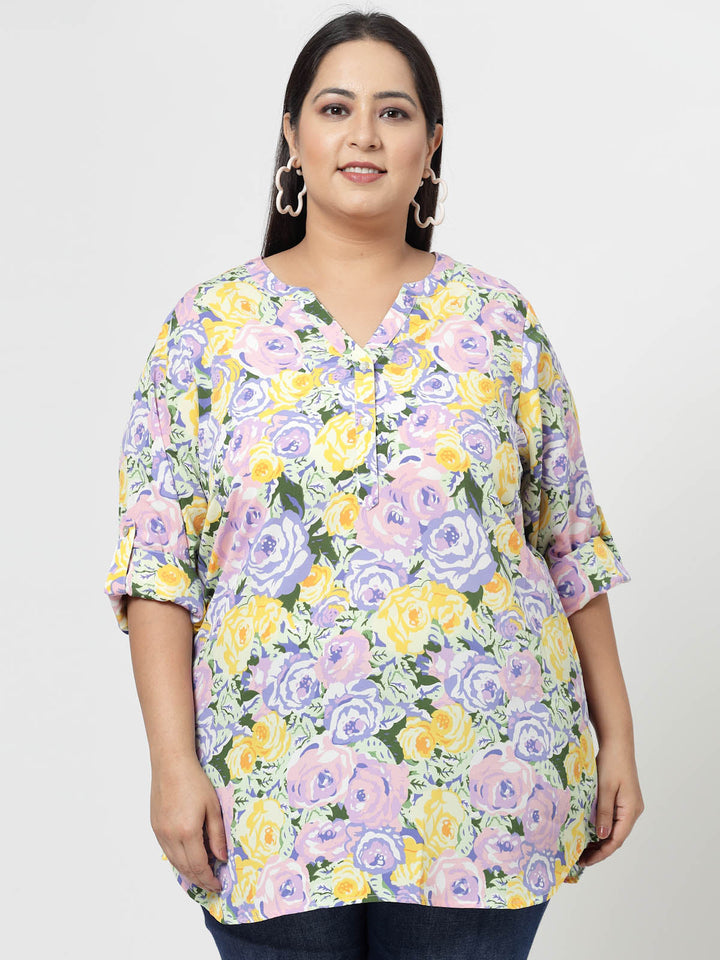 Plus Size Mustard  Floral Printed Mandarin Collar Long Sleeves Longline Tops