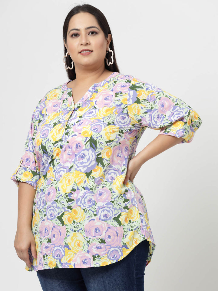 Plus Size Mustard  Floral Printed Mandarin Collar Long Sleeves Longline Tops