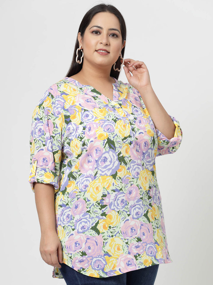 Plus Size Mustard  Floral Printed Mandarin Collar Long Sleeves Longline Tops