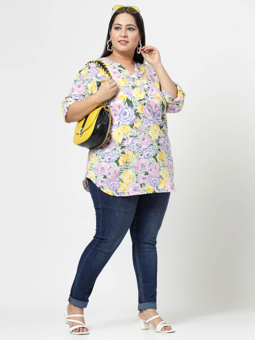 Plus Size Mustard  Floral Printed Mandarin Collar Long Sleeves Longline Tops
