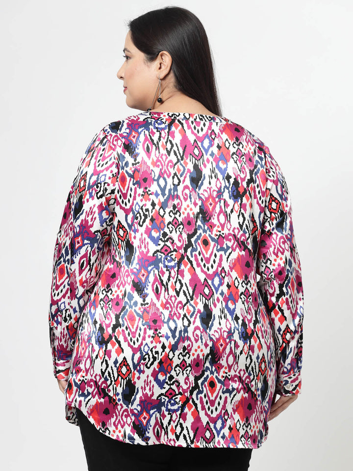 Plus Size Abstract Printed Mandarin Collar Roll-Up Sleeves Top