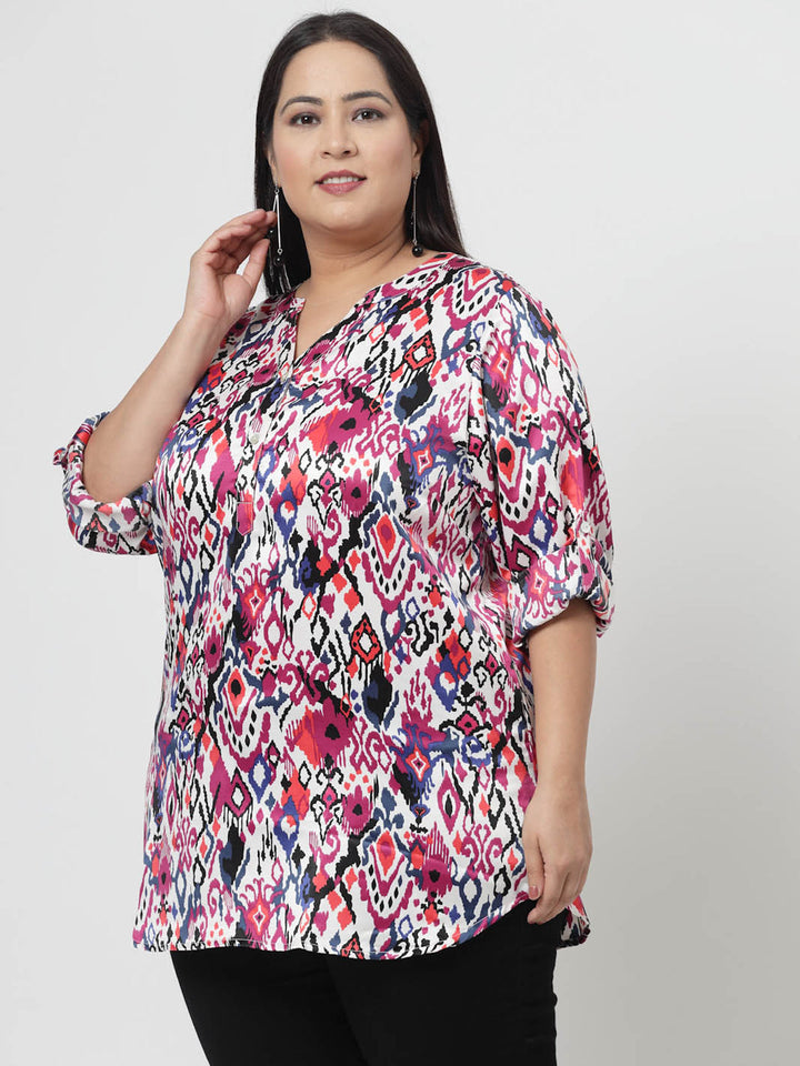 Plus Size Abstract Printed Mandarin Collar Roll-Up Sleeves Top