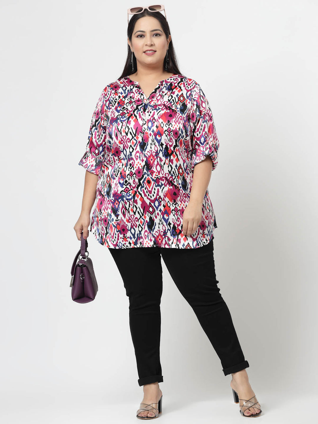 Plus Size Abstract Printed Mandarin Collar Roll-Up Sleeves Top