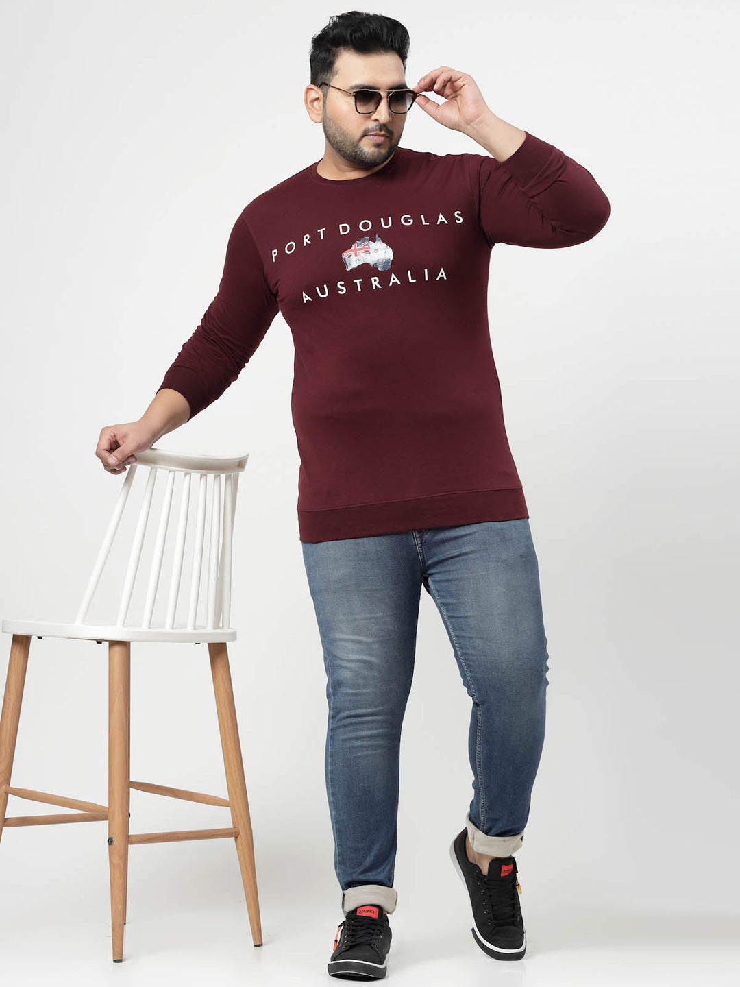 Plus Size Maroon Typography Printed Cotton Pullover Sweatshirt