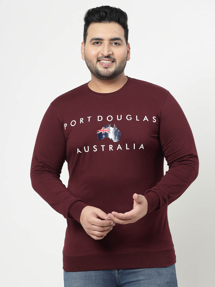 Plus Size Maroon Typography Printed Cotton Pullover Sweatshirt