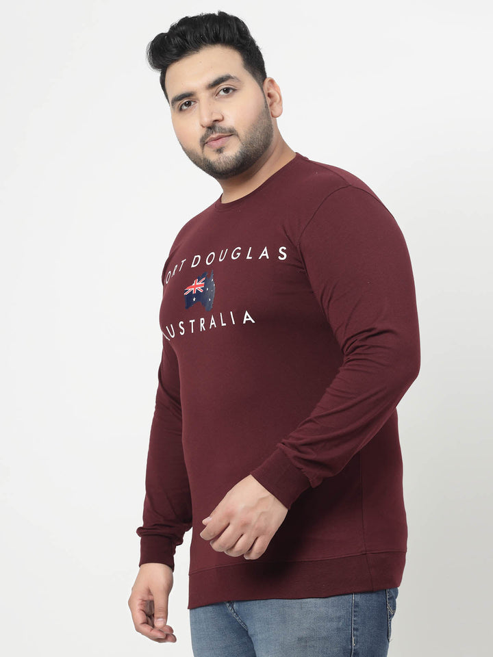 Plus Size Maroon Typography Printed Cotton Pullover Sweatshirt
