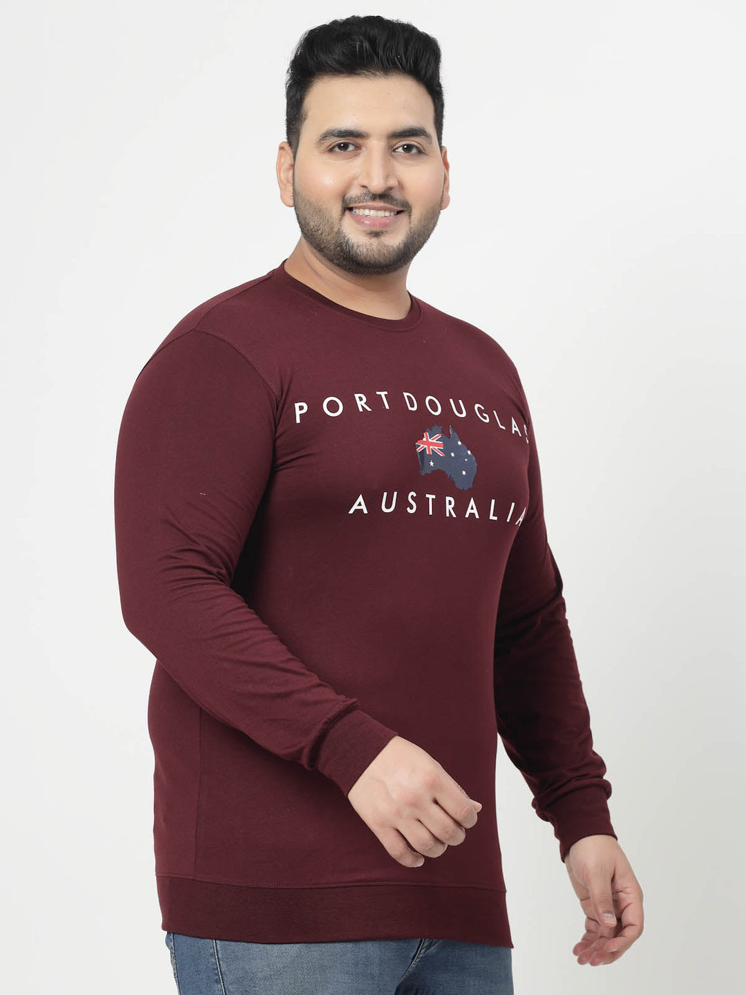 Plus Size Maroon Typography Printed Cotton Pullover Sweatshirt