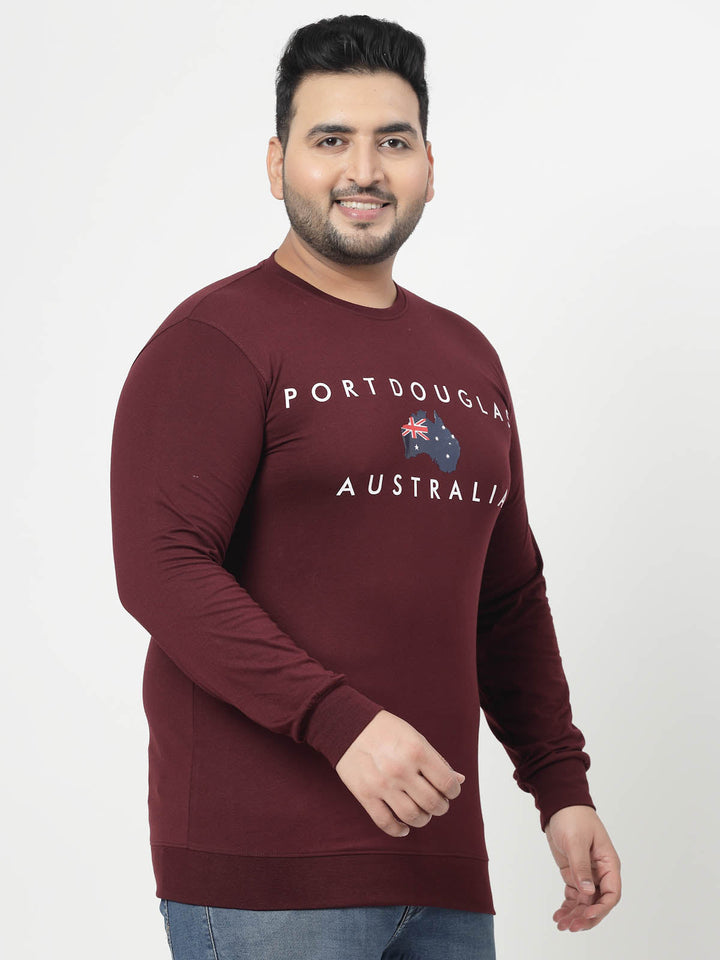 Plus Size Maroon Typography Printed Cotton Pullover Sweatshirt