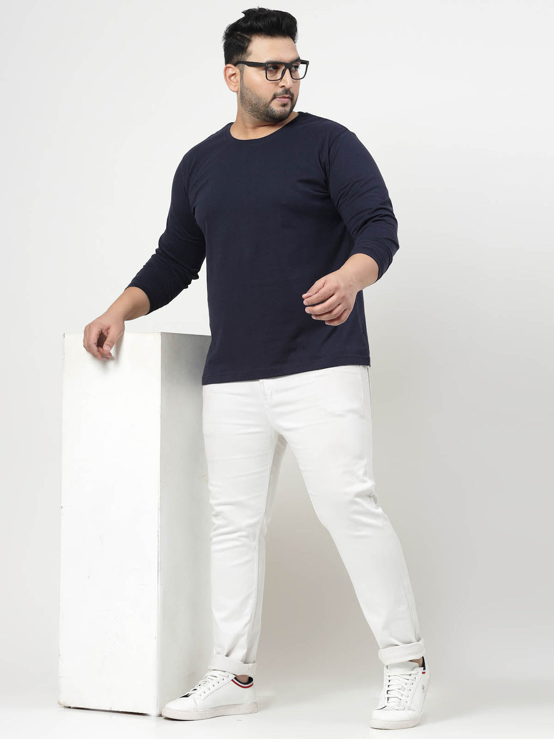 Plus Size Men Navy Blue Solid Pure Cotton T-shirt